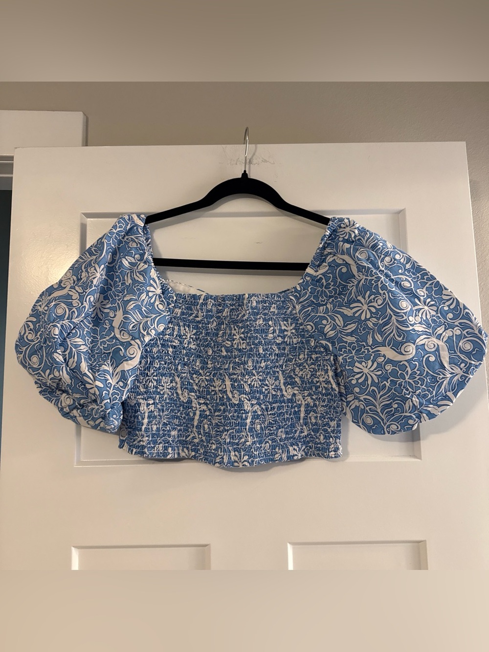 Blue Floral Smocked Puff-Sleeve Crop Top